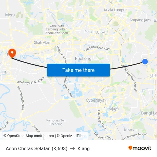Aeon Cheras Selatan (Kj693) to Klang map