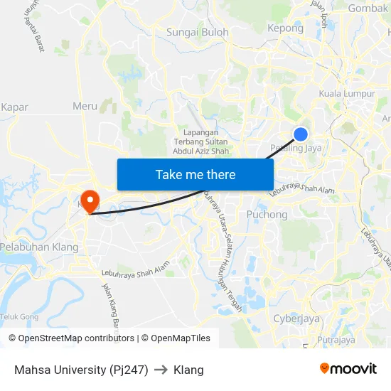 Mahsa University (Pj247) to Klang map