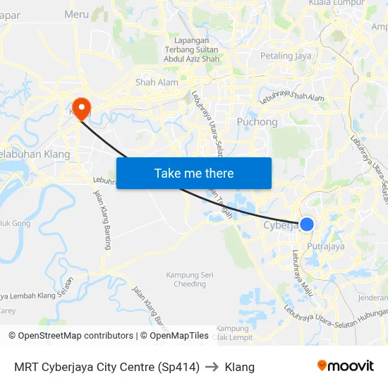 MRT Cyberjaya City Centre (Sp414) to Klang map