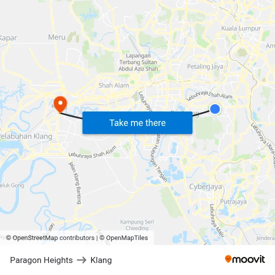 Paragon Heights to Klang map