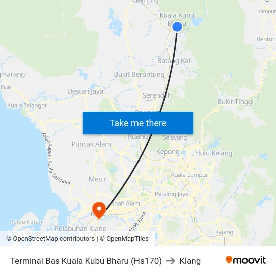 Terminal Bas Kuala Kubu Bharu (Hs170) to Klang map