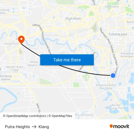 Putra Heights to Klang map
