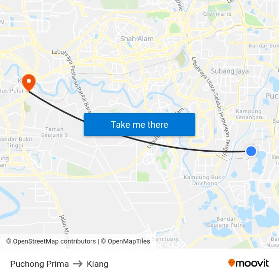 Puchong Prima to Klang map