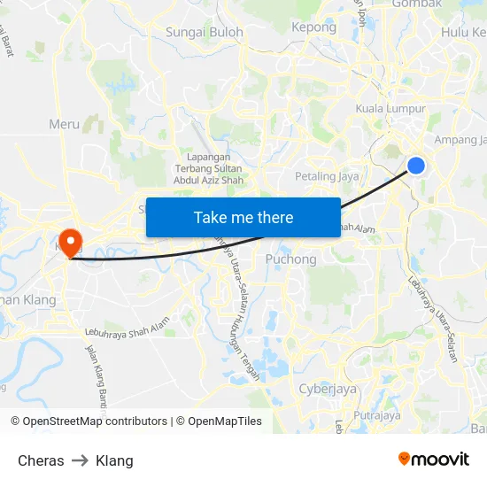 Cheras to Klang map