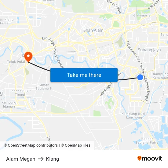 Alam Megah to Klang map