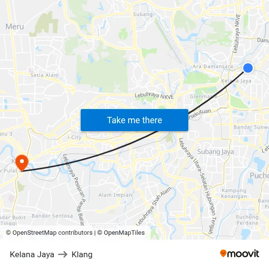 Kelana Jaya to Klang map