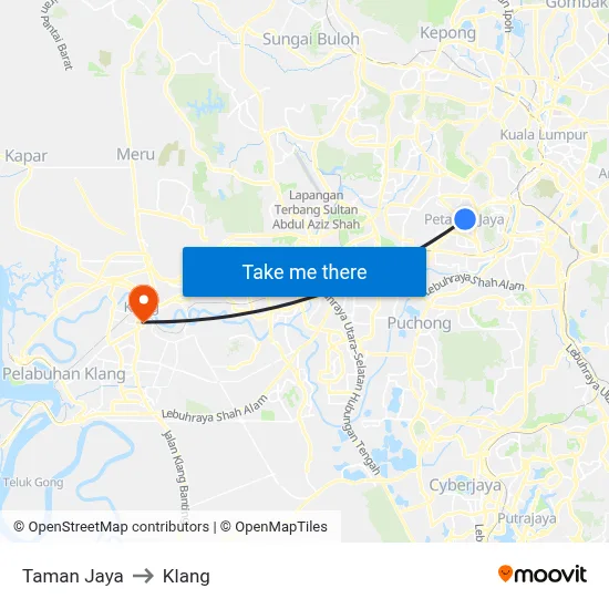 Taman Jaya to Klang map