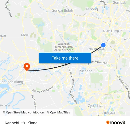 Kerinchi to Klang map