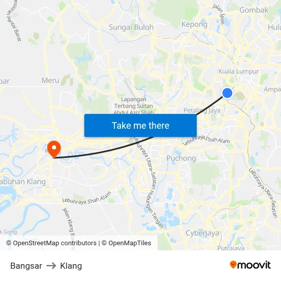 Bangsar to Klang map