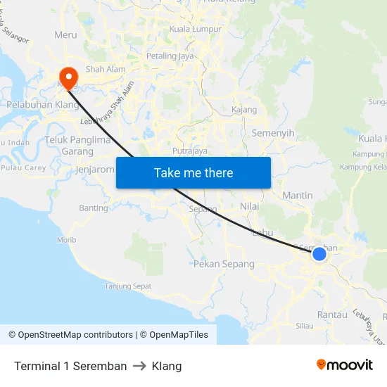 Terminal 1 Seremban to Klang map