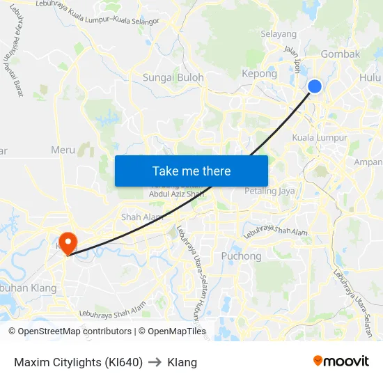 Maxim Citylights (Kl640) to Klang map