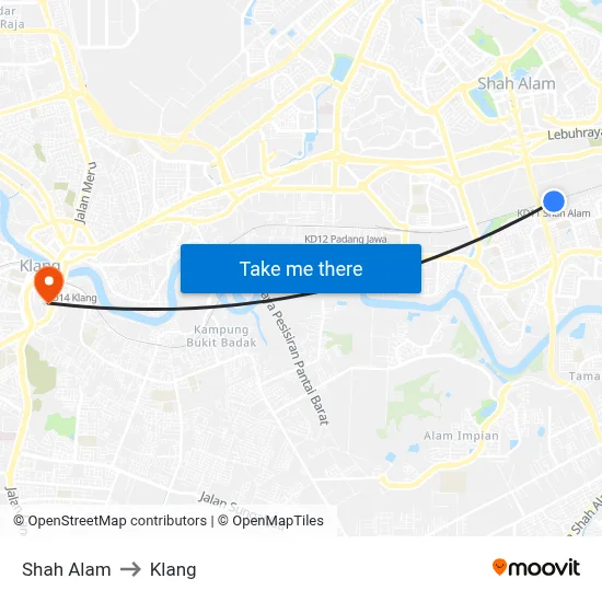 Shah Alam to Klang map
