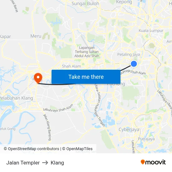 Jalan Templer to Klang map