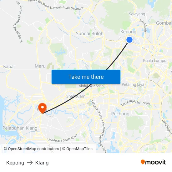 Kepong to Klang map
