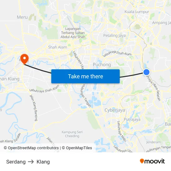 Serdang to Klang map