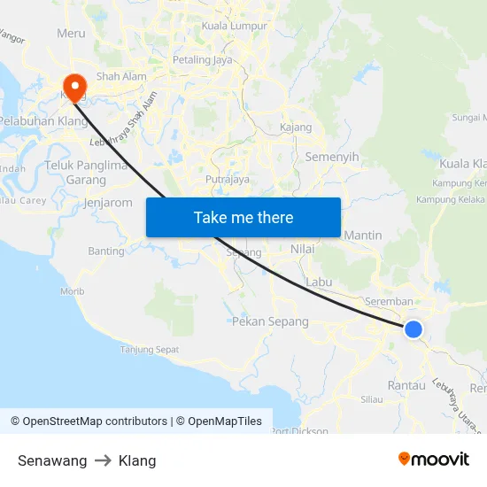 Senawang to Klang map