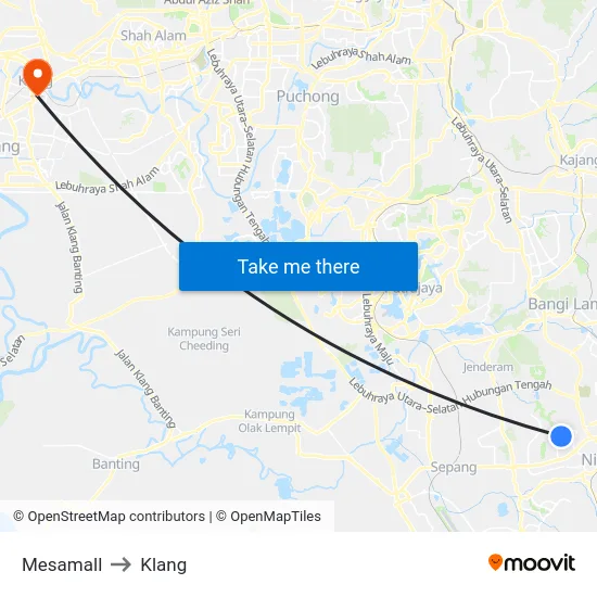Mesamall to Klang map