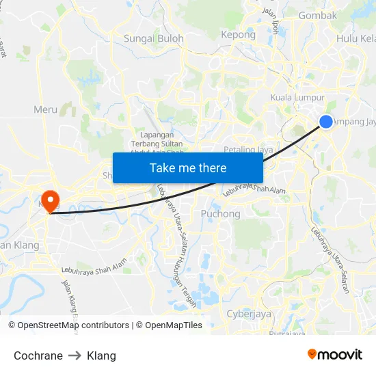 Cochrane to Klang map