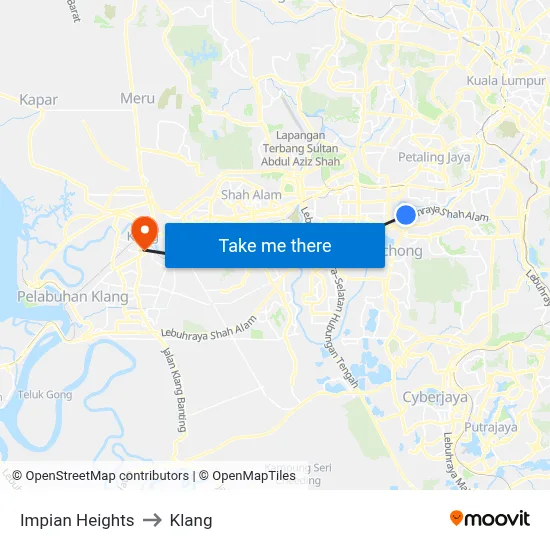 Impian Heights to Klang map