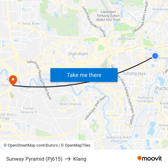 Sunway Pyramid (Pj615) to Klang map
