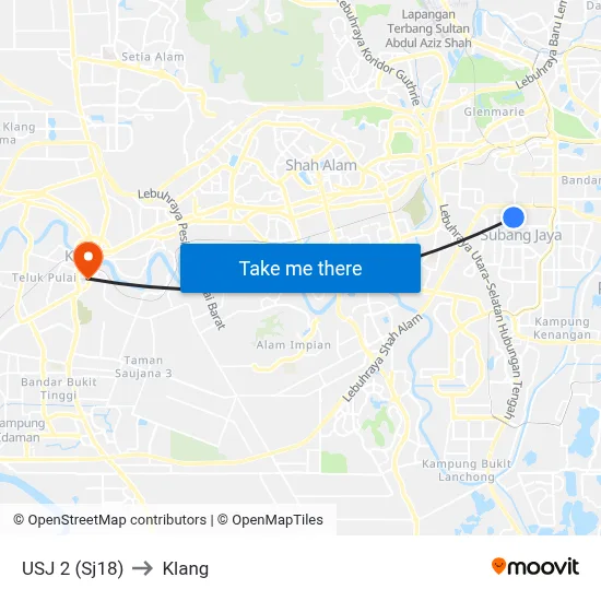 USJ 2 (Sj18) to Klang map