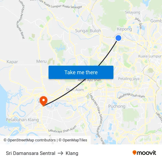 Sri Damansara Sentral to Klang map