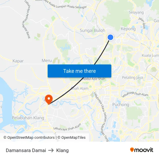 Damansara Damai to Klang map