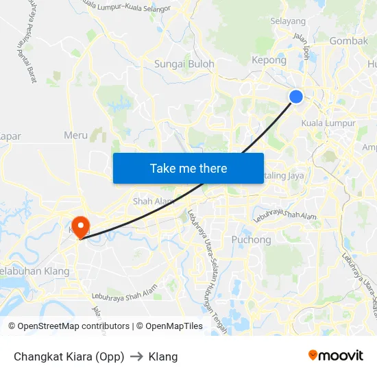Changkat Kiara (Opp) to Klang map