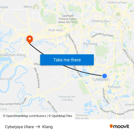 Cyberjaya Utara to Klang map