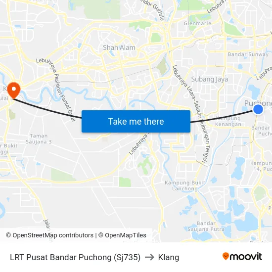 LRT Pusat Bandar Puchong (Sj735) to Klang map
