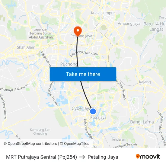 MRT Putrajaya Sentral (Ppj254) to Petaling Jaya map