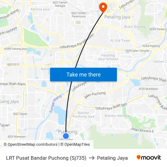 LRT Pusat Bandar Puchong (Sj735) to Petaling Jaya map