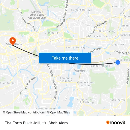 The Earth Bukit Jalil to Shah Alam map