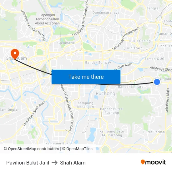 Pavilion Bukit Jalil to Shah Alam map