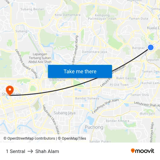 1 Sentral to Shah Alam map