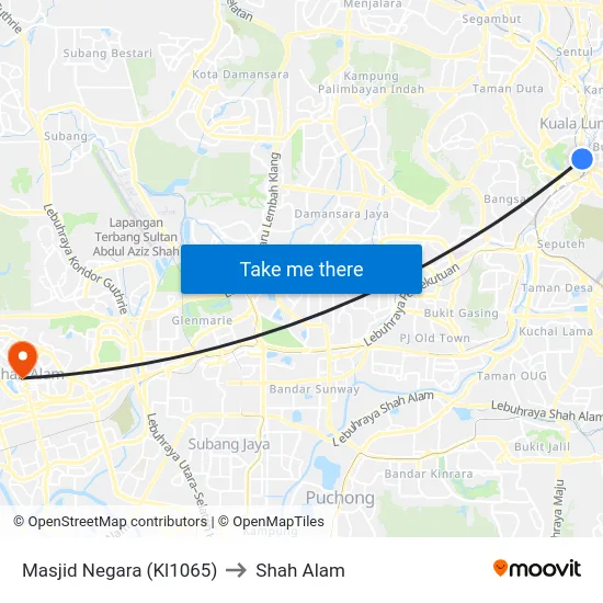 Masjid Negara (Kl1065) to Shah Alam map