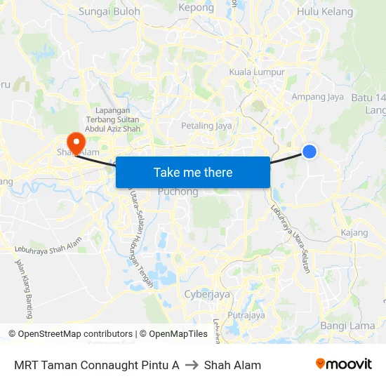 MRT Taman Connaught Pintu A to Shah Alam map