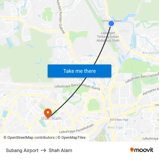 Subang Airport to Shah Alam map