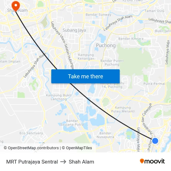 MRT Putrajaya Sentral to Shah Alam map