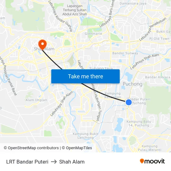 LRT Bandar Puteri to Shah Alam map