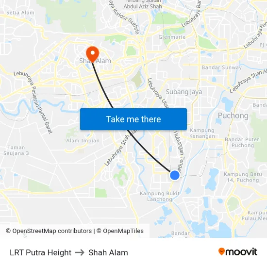 LRT Putra Height to Shah Alam map