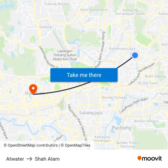 Atwater to Shah Alam map