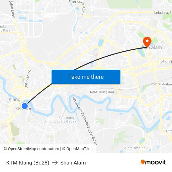 KTM Klang (Bd28) to Shah Alam map