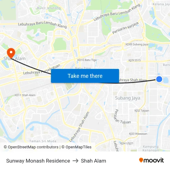 Sunway Monash Residence to Shah Alam map