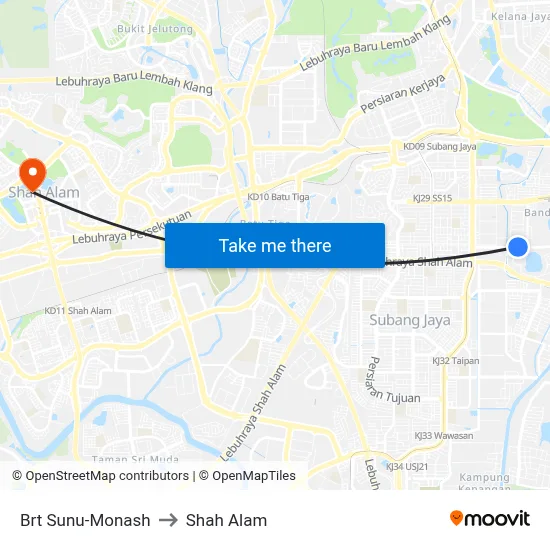 Brt Sunu-Monash to Shah Alam map