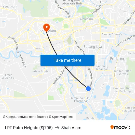 LRT Putra Heights (Sj705) to Shah Alam map