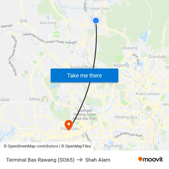 Terminal Bas Rawang (Sl365) to Shah Alam map