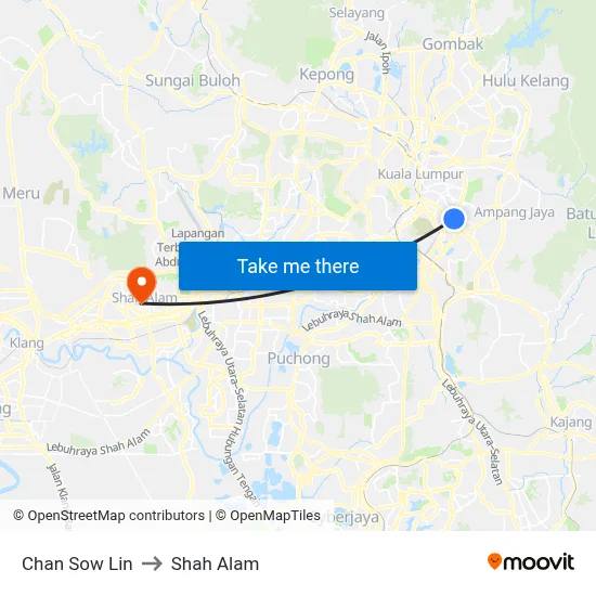 Chan Sow Lin to Shah Alam map