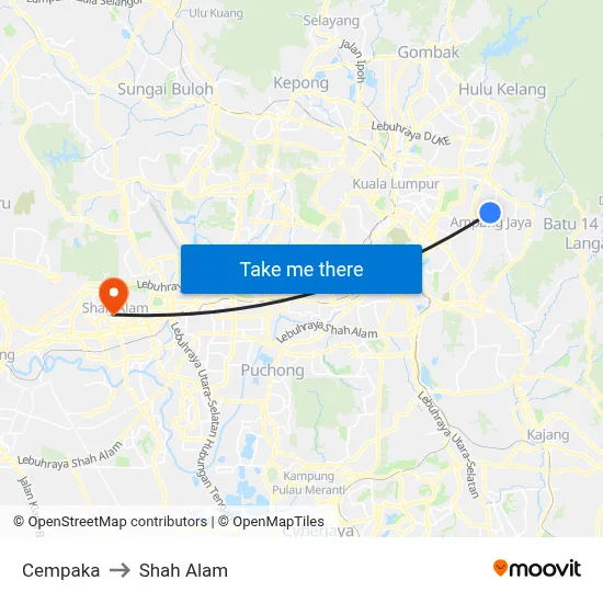 Cempaka to Shah Alam map