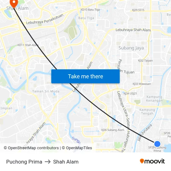 Puchong Prima to Shah Alam map